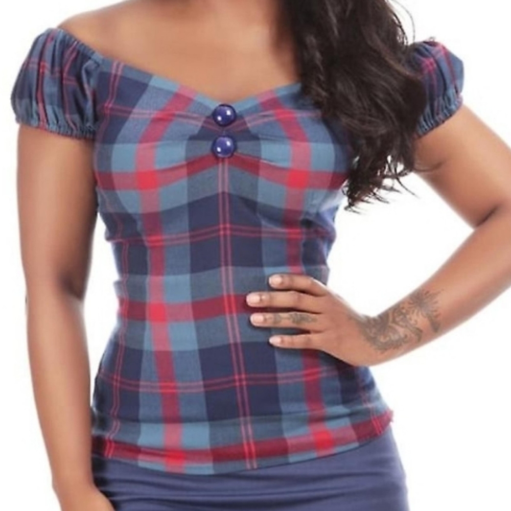 Collectif Blue and Red Plaid Off-Shoulder Blouse
